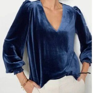 Evereve Womens Carla Velour Velvet Top V Neck Long Sleeve Ruched Cuff Blue Large
